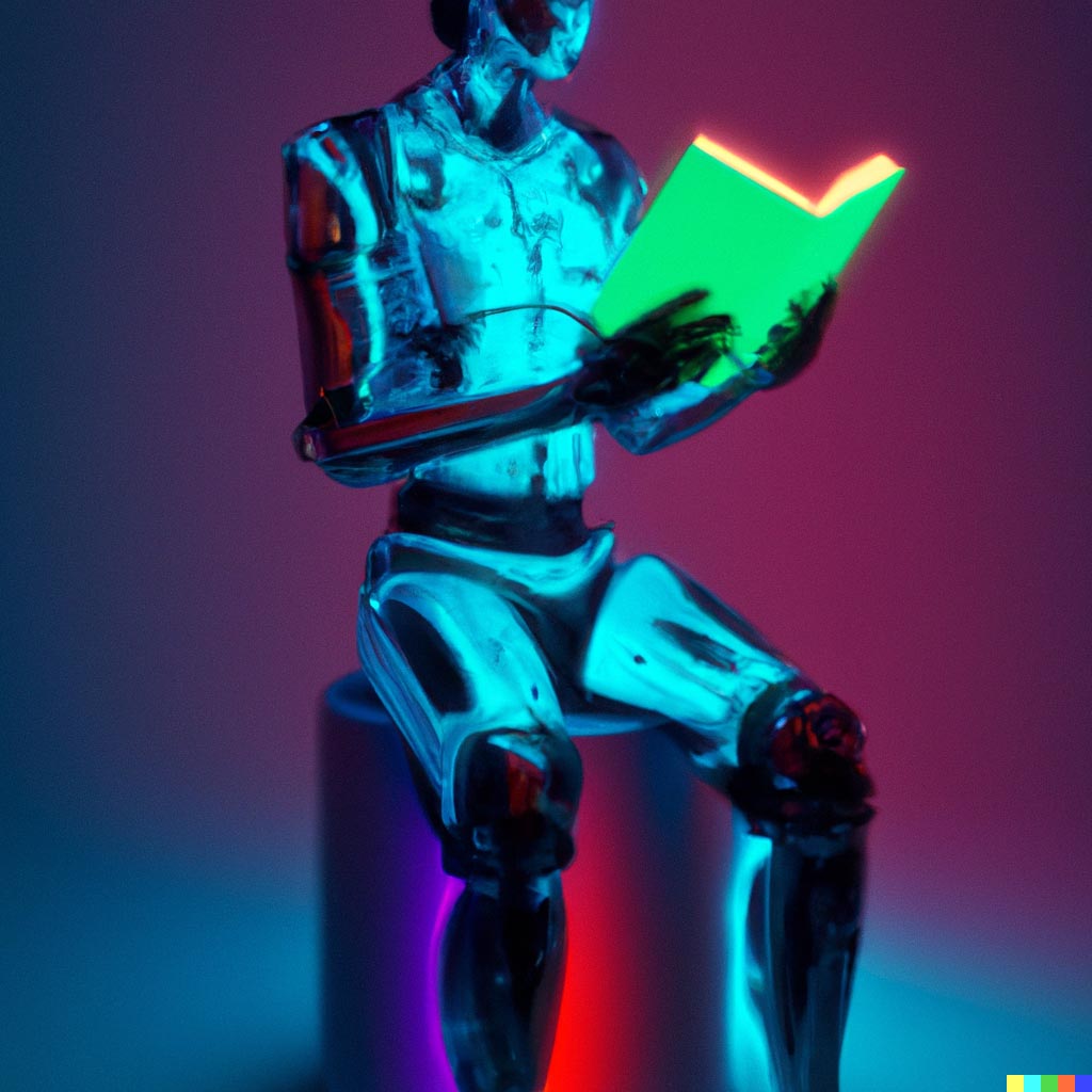 DALL·E prompt: humanoid solarpunk robot reading a book, neon lighting futuristic UI minority repot